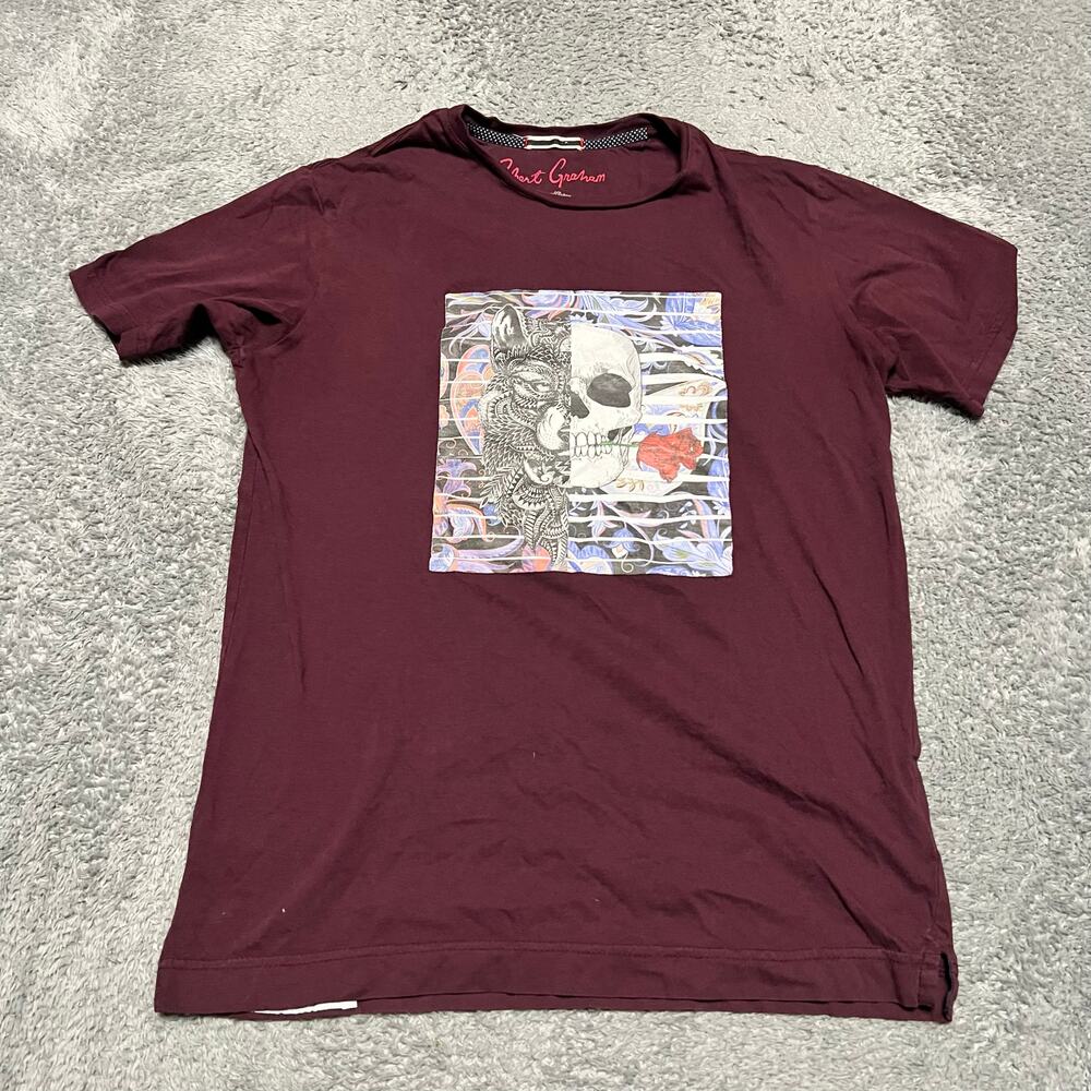 Robert Graham Wolfe Skull Print T Shirt Crew Neck Burgundy Small